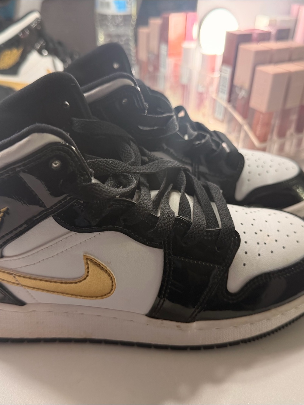 Kids Black & White Sneakers with Gold Swoosh size in Photos